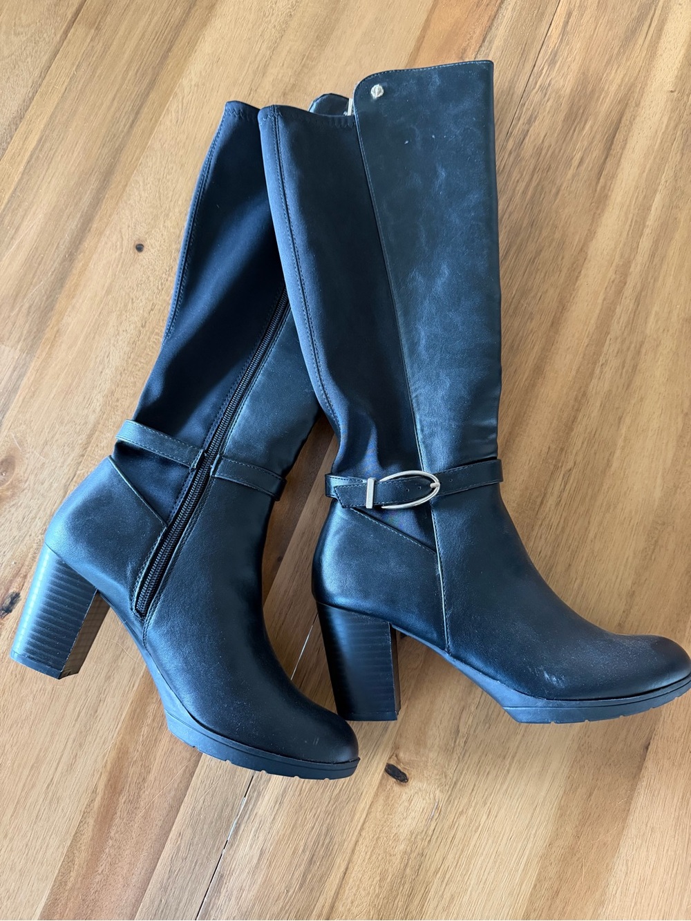 Anne Klein Women's Black Mid-Calf Heeled Boots with Buckle